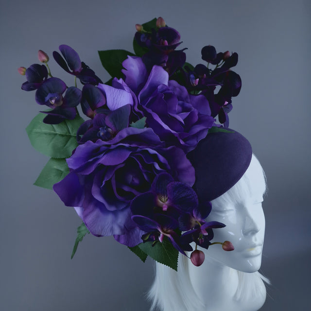 "Amoret" Purple Giant Rose & Orchid Fascinator Hat