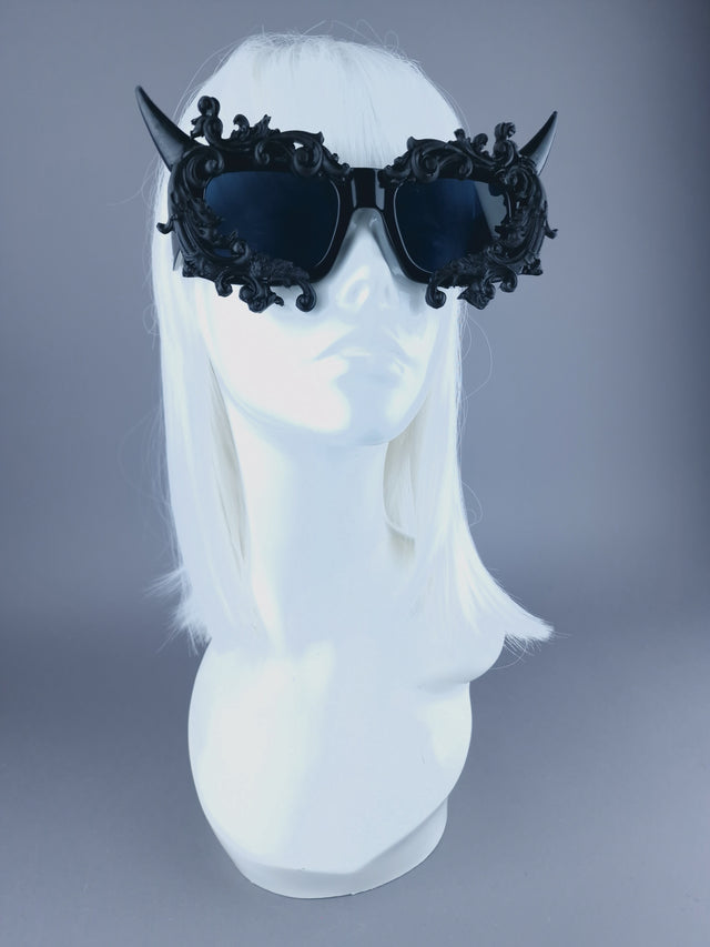 "Superbeast" Unisex Black Filigree Ornate Devil Horn Sunglasses
