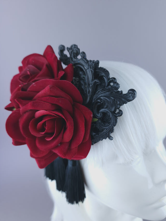 "Lola" Red Rose, Filigree & Tassle Mini Fascinator