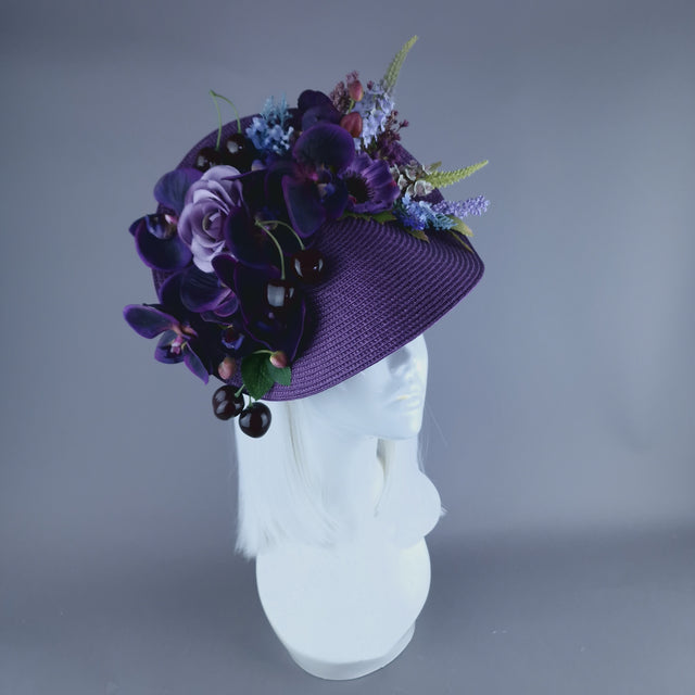 "Violet" Purple Orchid, Flowers & Cherry Fascinator Hat