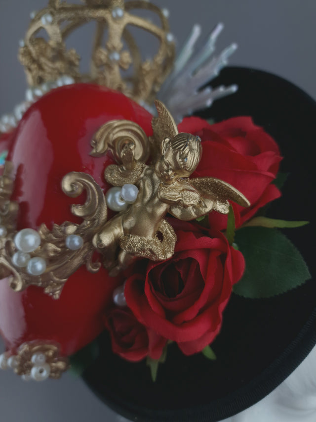 Pearls & Swine: Hat Red Sacred Heart, Cherub & Roses