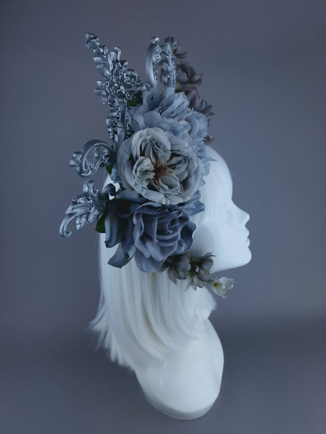 "Isis" Grey & Silver Filigree & Flower Headdress