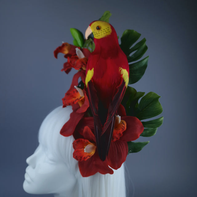 "Firdaus"Tropical Red Orchid, Leaf & Parrot Headdress