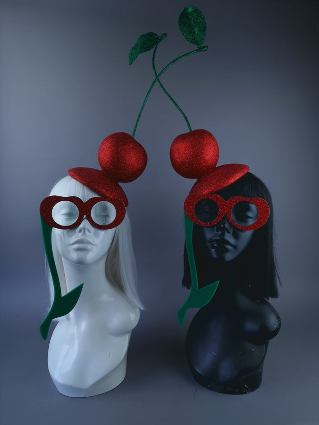 BESPOKE 2 x Giant Glitter Cherry Food Fascinator Hats & 2 Masks