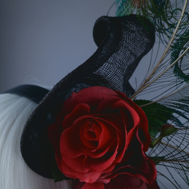 "Sass" Red Rose & Peacock Feather Headdress