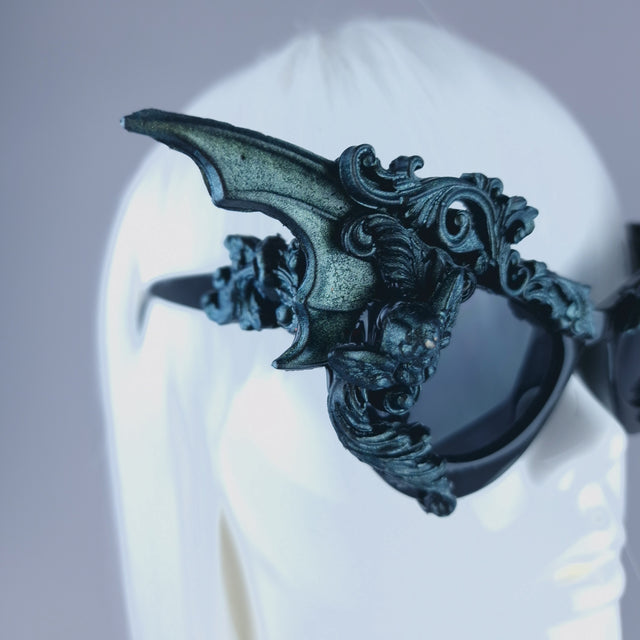 "Bathory" Iridescent Teal Filigree Ornate Bat Wing & Cherub Sunglasses