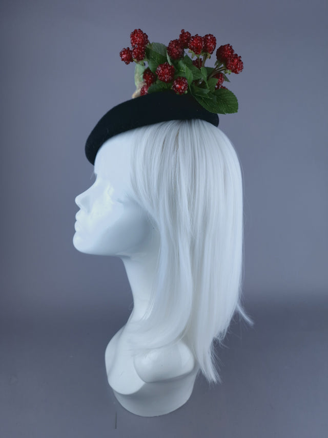"Joy" Raspberries, Pearls, Mushroom & Caterpillar Fascinator Hat