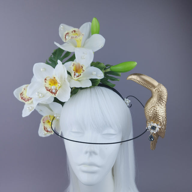 Pearls & Swine: Maximalist Ivory Orchid Floral Headpiece with Toucan