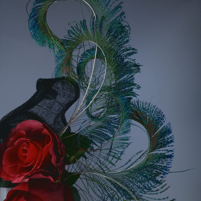 "Sass" Red Rose & Peacock Feather Headdress