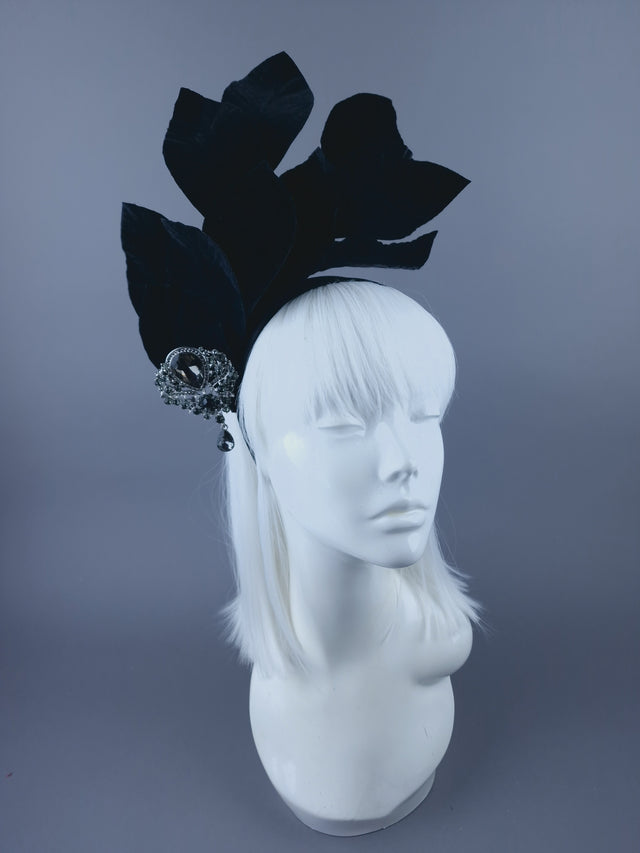 "Cristal" Black Velvet Leaf Headdress with Jewel