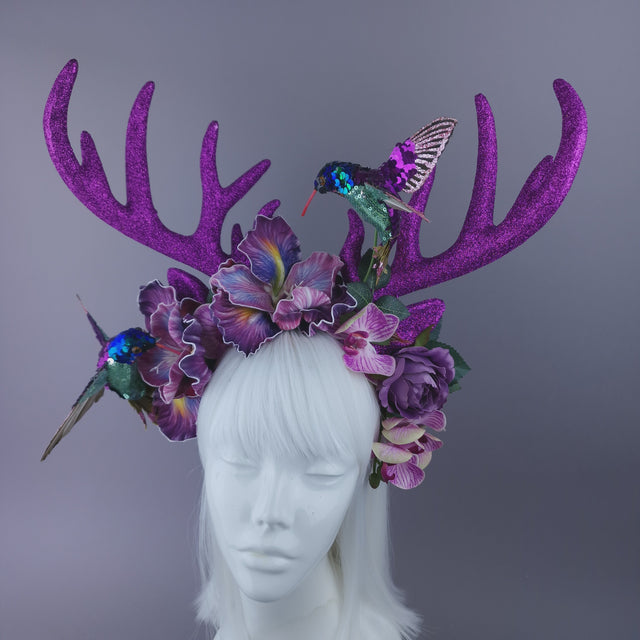 Pearls & Swine: Maximalist Purple/Pink Floral Deet Horn Headdress with Hummingbirds