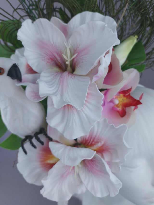 Pearls & Swine: Maximalist White Orchid Floral Feather Headpiece with Parrot