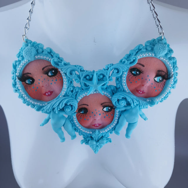 "Triple" Pastel Blue Dollface Filigree & Pearl Neckpiece