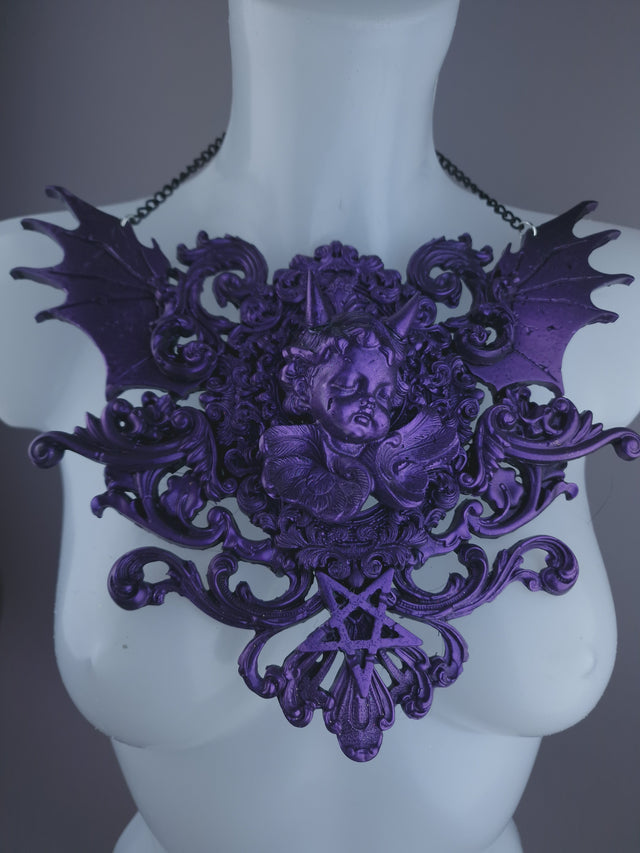 "La chérie de Lucifer" Purple Cherub & Filigree Neckpiece