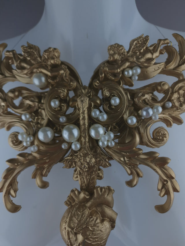 Pearls & Swine: Gold Filigree, Sword, Heart & Pearls Neckpiece "Covenant"