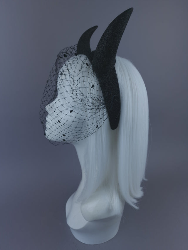 Pearls & Swine: Large Black Glitter Devil Horn Veil Headpiece "Hot Stuff"
