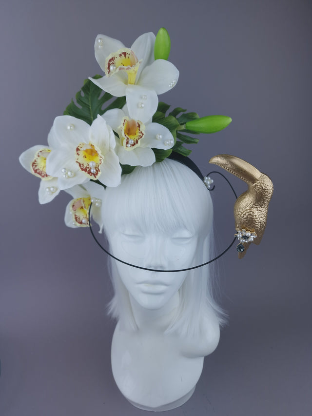 Pearls & Swine: Maximalist Ivory Orchid Floral Headpiece with Toucan