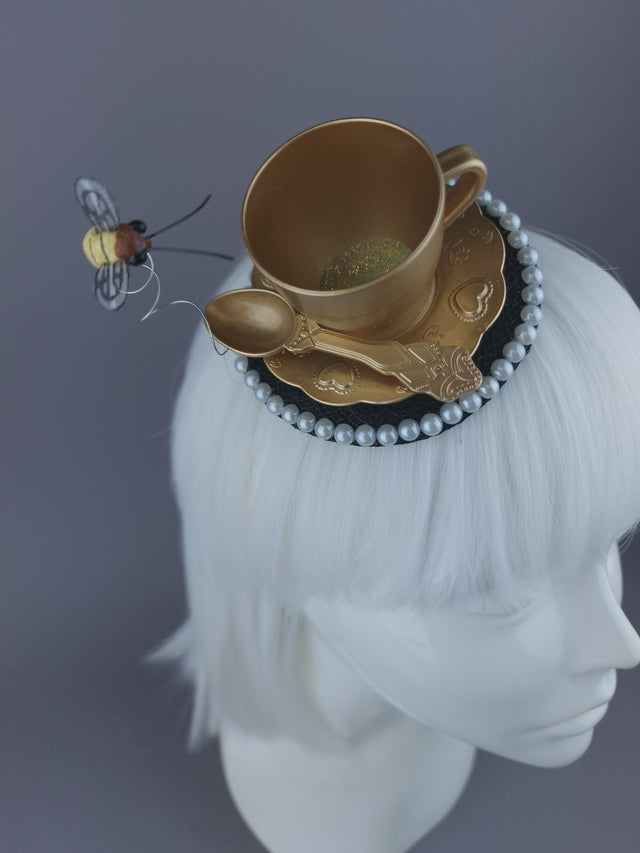 Pearls & Swine Gold Teacup & Bee Mini Fascinator "TeaTime"