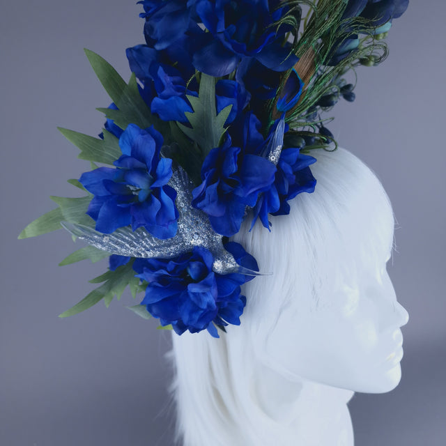 "Azraq" Blue Flower & Hummingbird Headdress