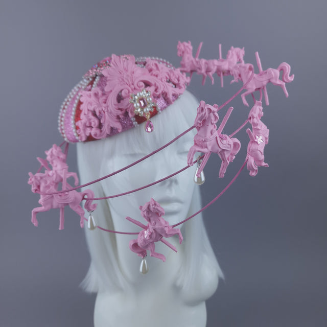 Pearls & Swine: Pink & Red Circus Carousel Wired Veil Hat "Cirque Forever"