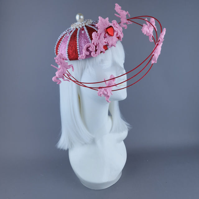 "Cirque Love" Pink, Red & Pearl Circus Carousel Wired Veil Hat