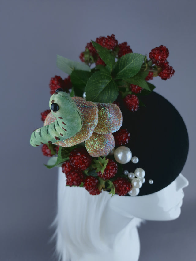 "Joy" Raspberries, Pearls, Mushroom & Caterpillar Fascinator Hat