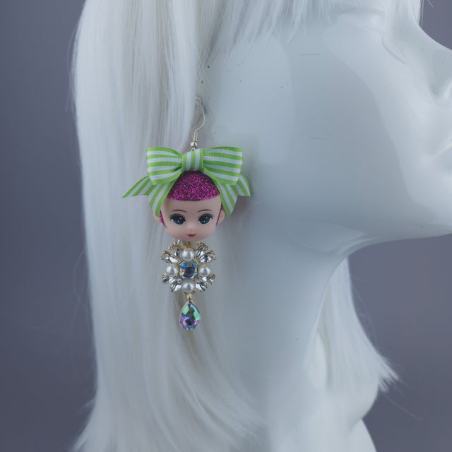 Doll Head, Bow & Jewel Earrings