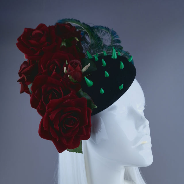 "L'Air Du Temps" Red Rose, Feather & Thorns Fascinator Hat