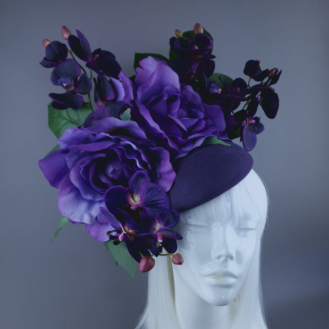 "Amoret" Purple Giant Rose & Orchid Fascinator Hat