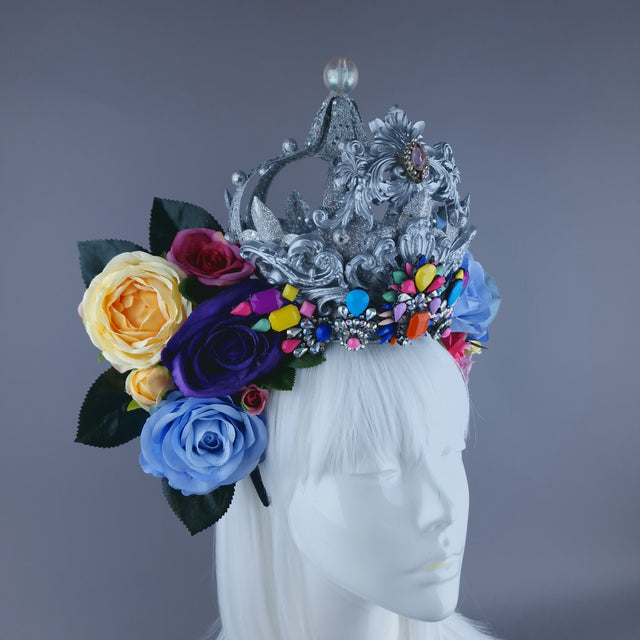 "Marie" Colourful Roses, Jewels & Silver Filigree Crown Headdress