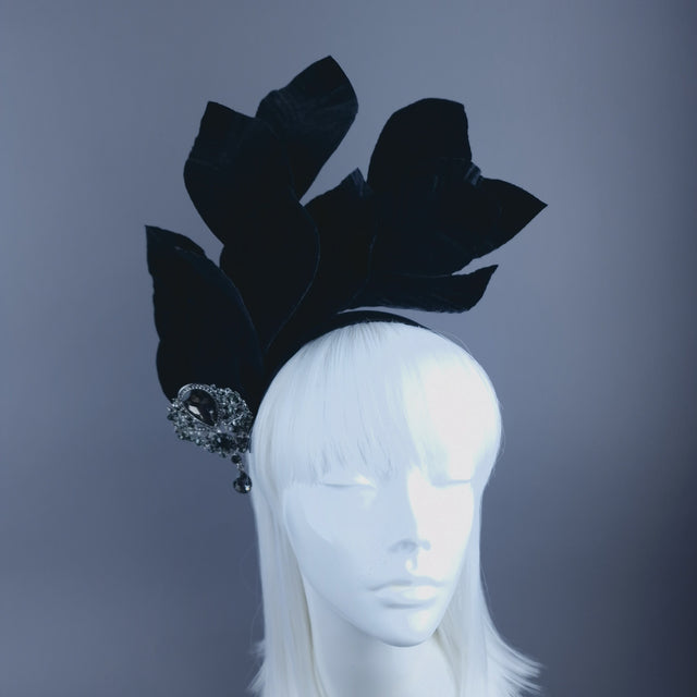 "Cristal" Black Velvet Leaf Headdress with Jewel