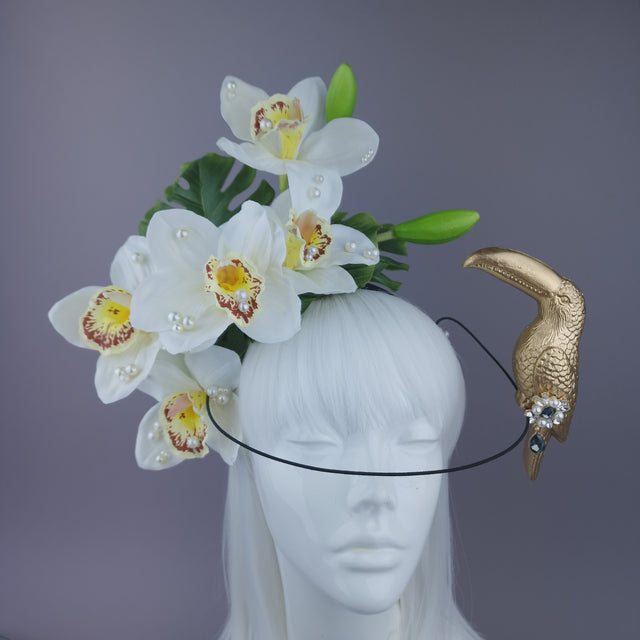 Pearls & Swine: Maximalist Ivory Orchid Floral Headpiece with Toucan