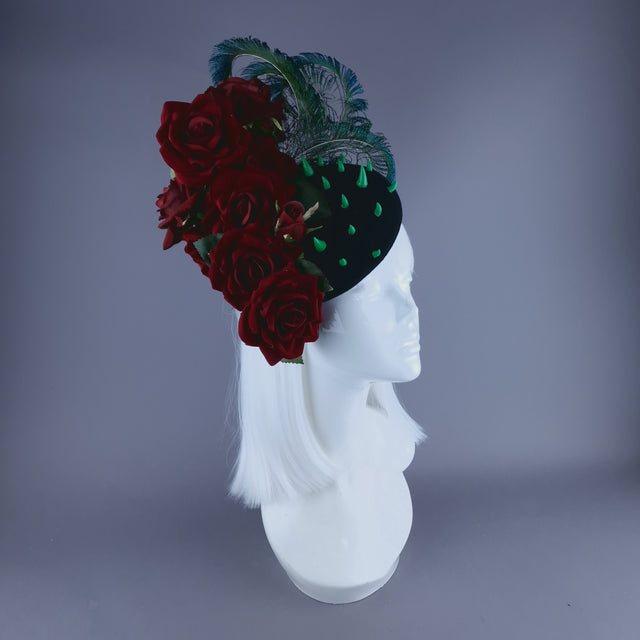 "L'Air Du Temps" Red Rose, Feather & Thorns Fascinator Hat
