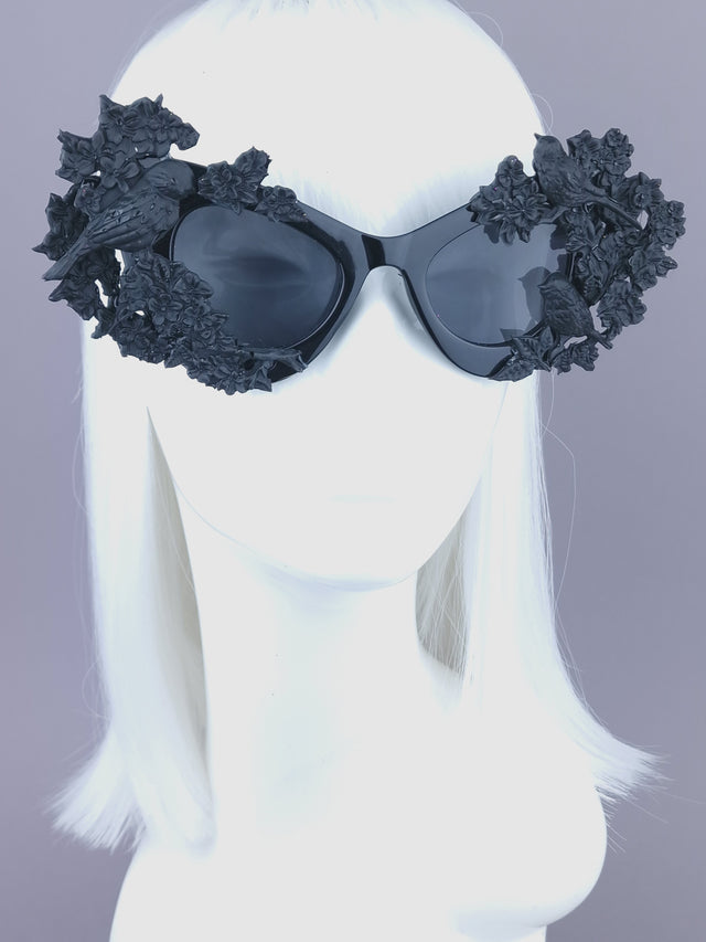 "Lilith" Black Bird & Flowers Filigree Catseye Sunglasses