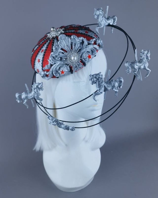 "Cirque Forever" Black, Silver & Red Circus Carousel Wired Veil Hat