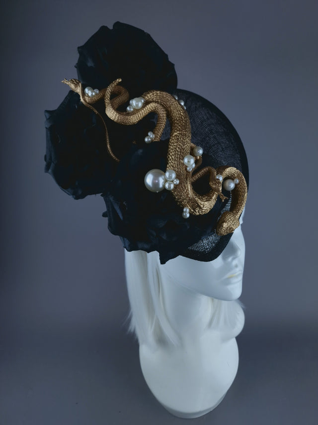 "Serpentt" Black Rose, Gold Snake & Pearl Fascinator Hat