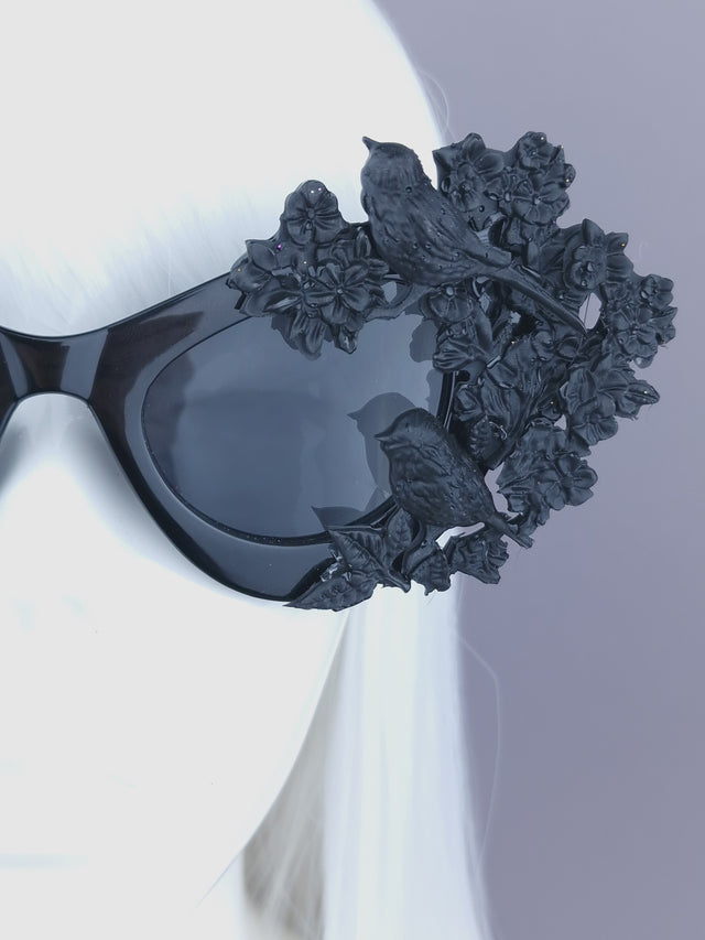 "Lilith" Black Bird & Flowers Filigree Catseye Sunglasses