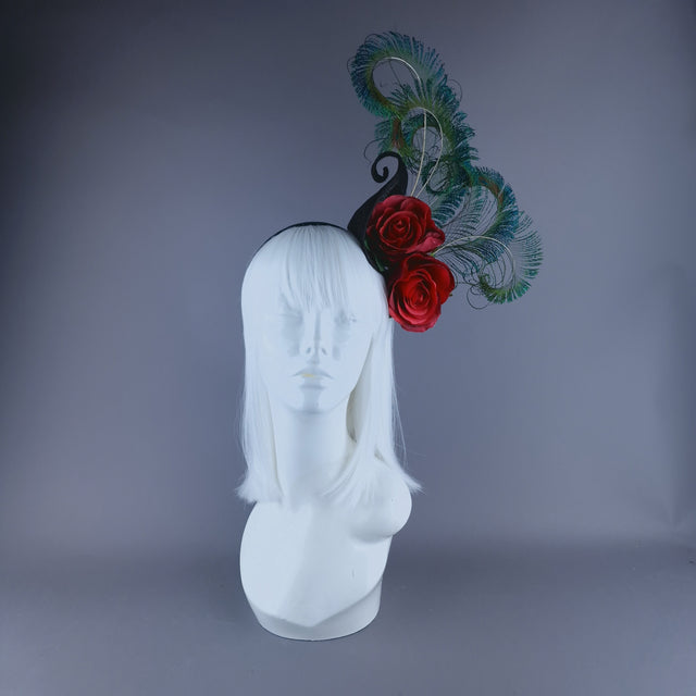 "Sass" Red Rose & Peacock Feather Headdress