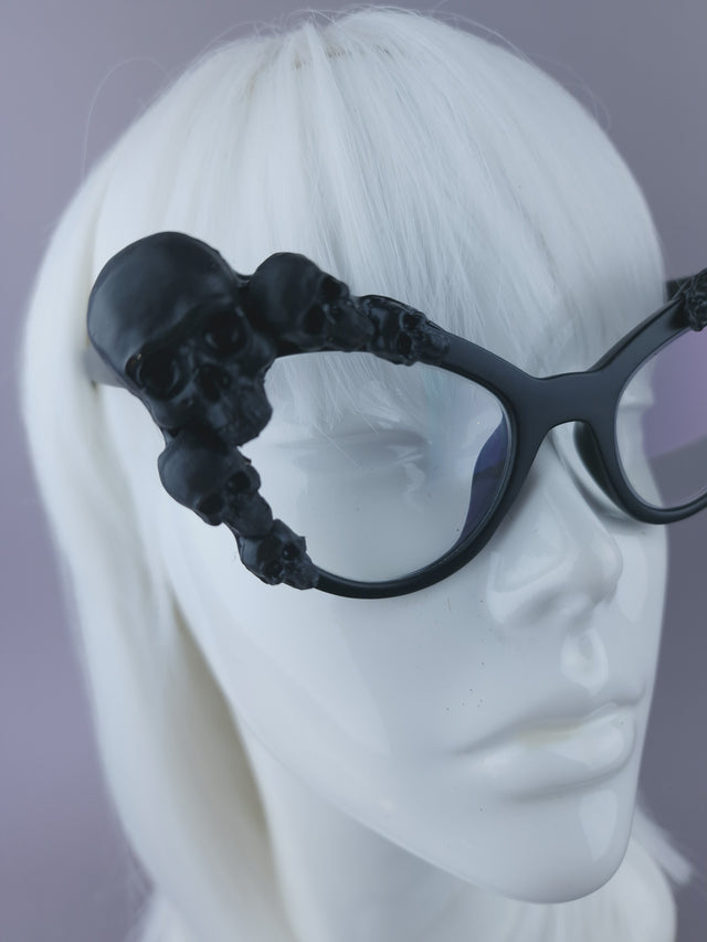 Pearls & Swine: Black Skull Cateye Sunglasses with Clear or Prescription Lenses
