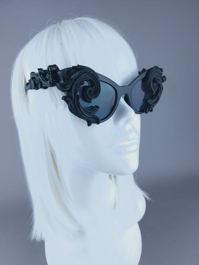 Pearls & Swine: Black Ornate Cat Eye Sunglasses with Filigree "Oriens"