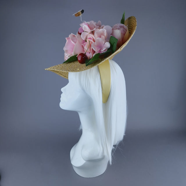 "Daphne" Pink Rose & Cherry Fascinator Hat