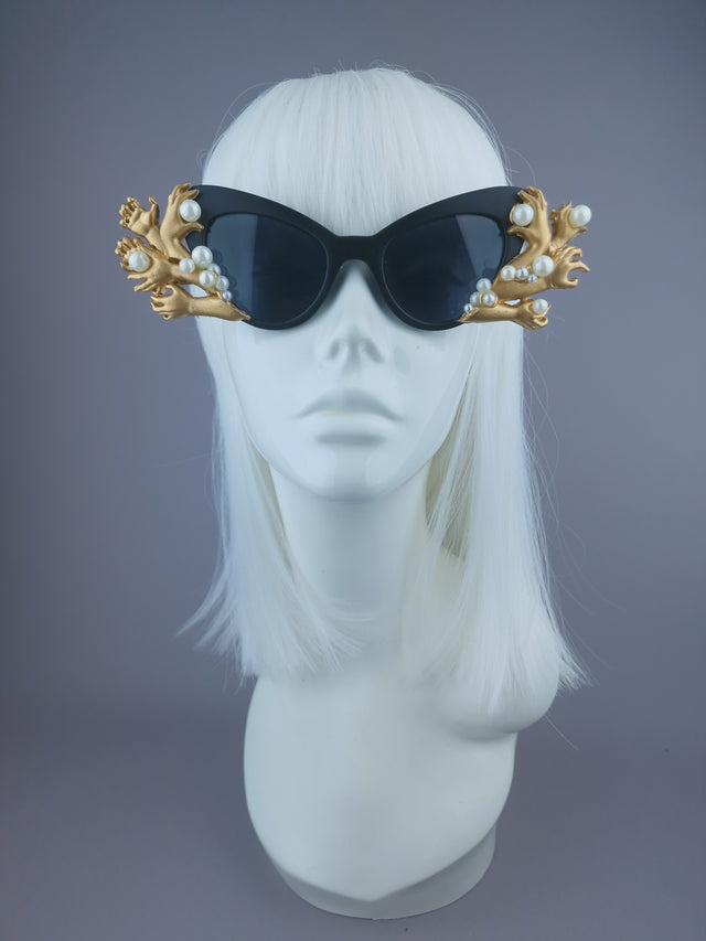 Pearls & Swine: Gold Hands & Pearl Black Sunglasses "Grip"
