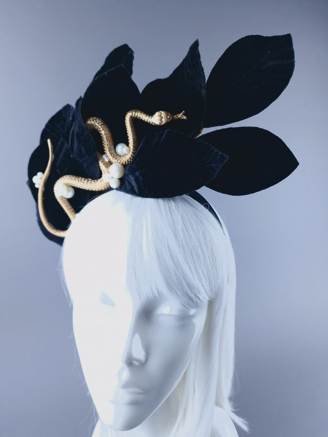 "Edenn" Black Velvet Leaf Gold Snake & Pearl Headdress