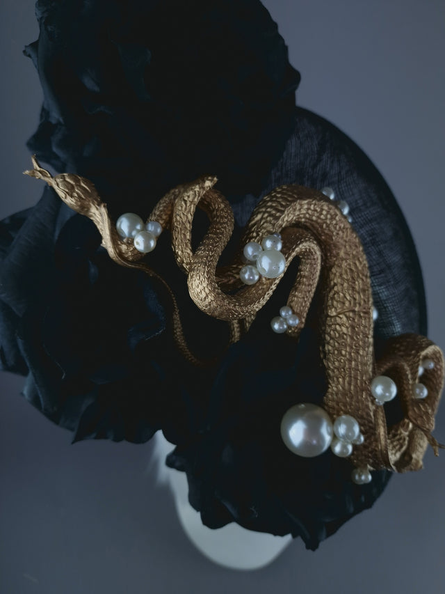 "Serpentt" Black Rose, Gold Snake & Pearl Fascinator Hat
