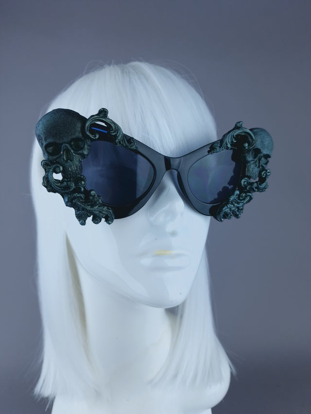 Pearls & Swine: Skull Cat Eye Sunglasses with Teal Filigree "Belial"