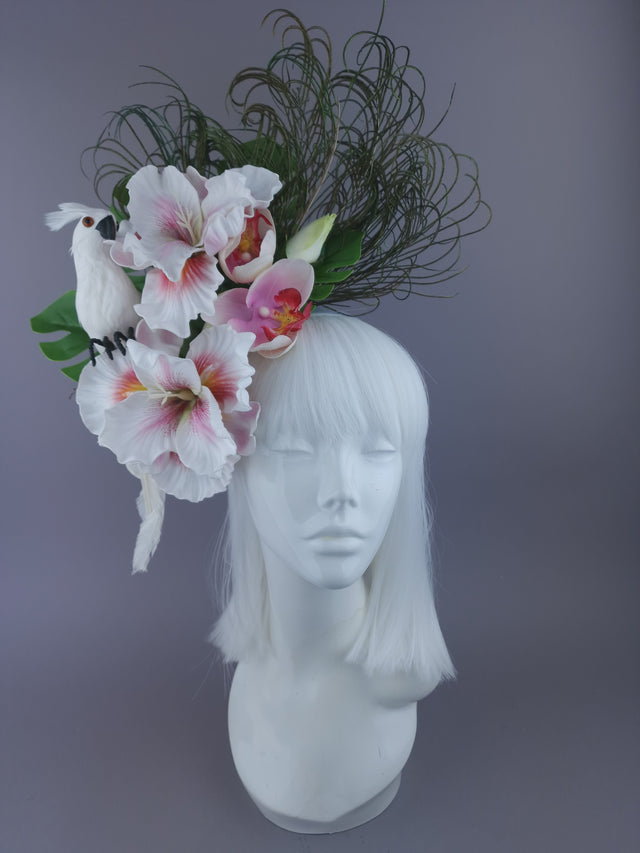 Pearls & Swine: Maximalist White Orchid Floral Feather Headpiece with Parrot