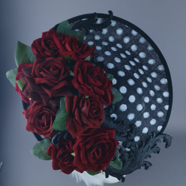 "Alaric" Red Roses, Filigree Black & White Polka Dot Fascinator Hat