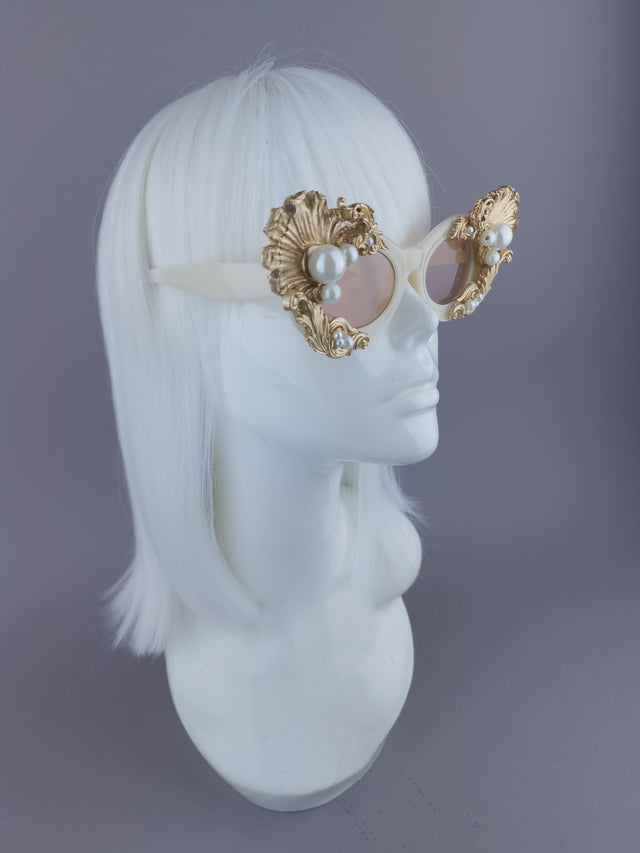 Pearls & Swine: Gold Shell, Filigree & Pearl Sunglasses "Coquillage"
