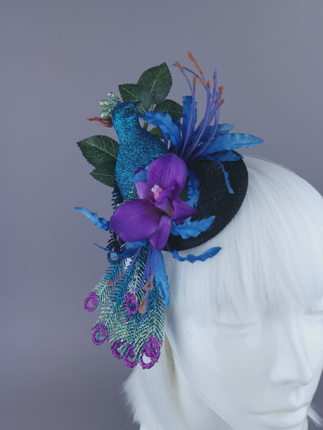 "Sumaru" Glittered Peacock & Flowers Mini Fascinator