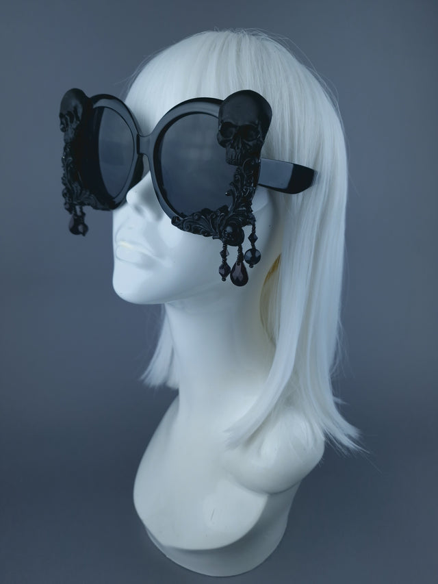 Pearls & Swine: Black Skull Oversized Sunglasses with Filigree & Beading "Keres"